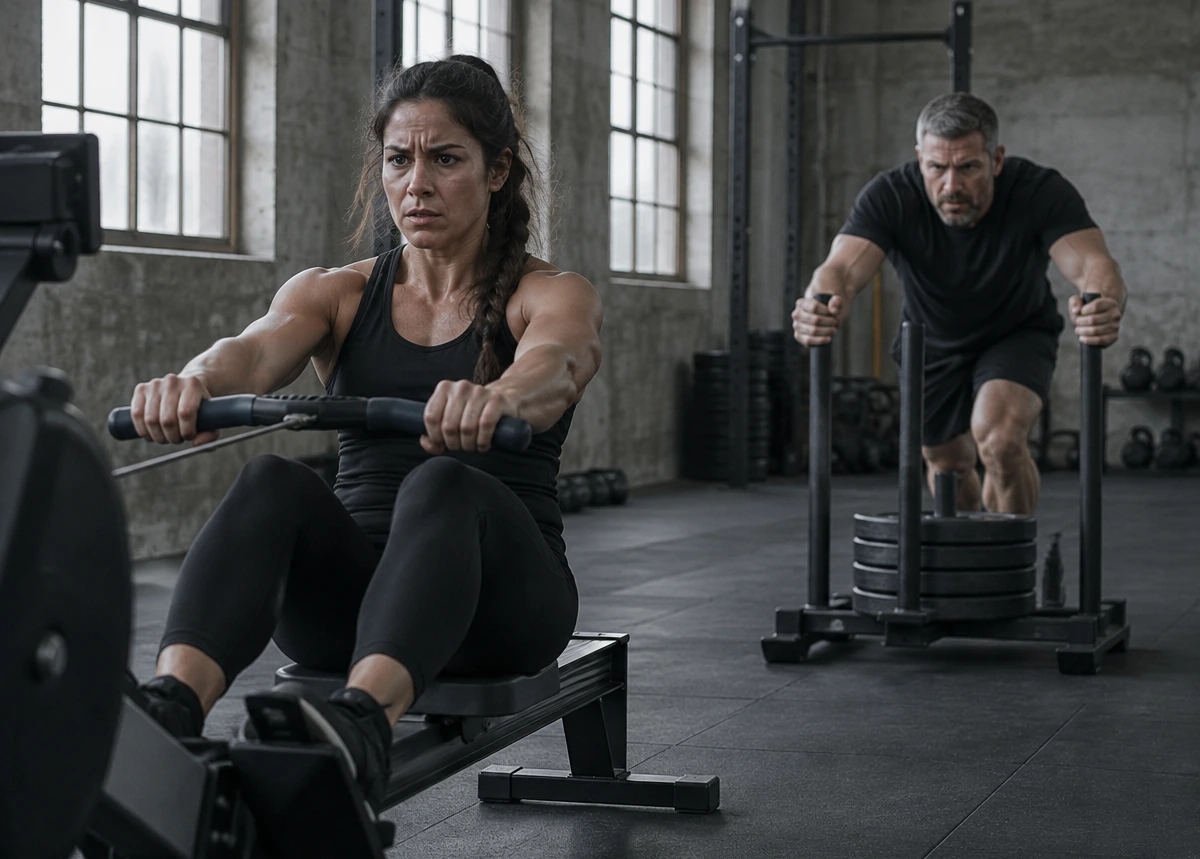Två personer som kör intensiv konditionsträning i gymmet